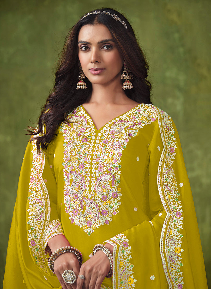 Monjolika Fashion Pear Color Embroidered Santoon Chanderi Silk Salwar Suit - Distacart