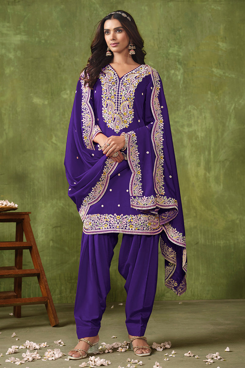 Monjolika Fashion Violet Color Embroidered Santoon Chanderi Silk Salwar Suit - Distacart