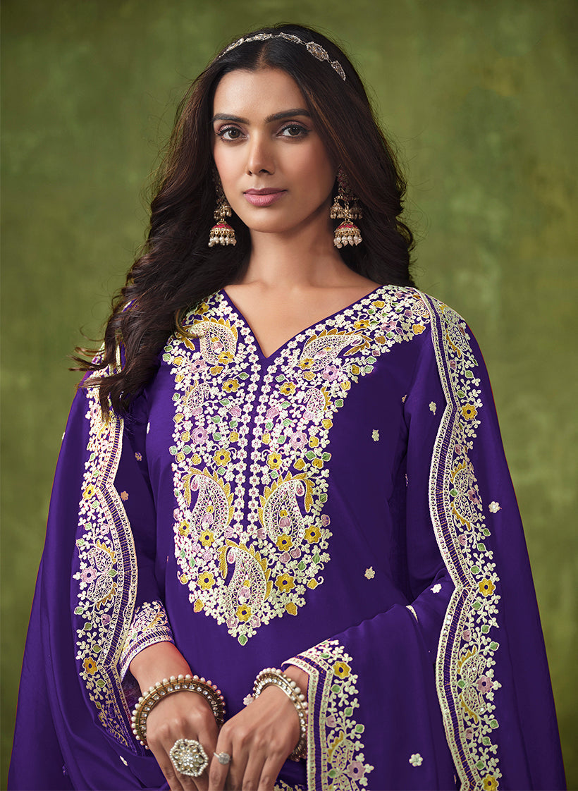 Monjolika Fashion Violet Color Embroidered Santoon Chanderi Silk Salwar Suit - Distacart