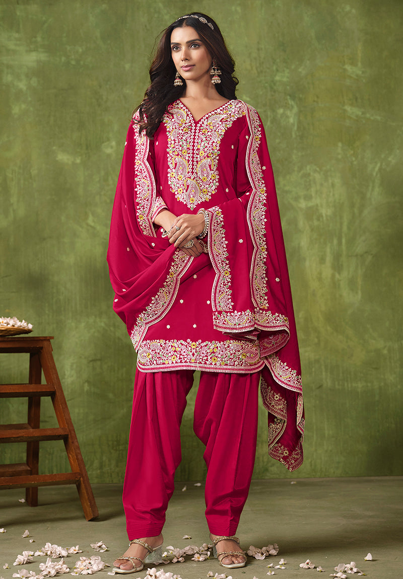 Monjolika Fashion Hot-Pink Color Embroidered Santoon Chanderi Silk Salwar Suit - Distacart
