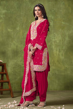 Monjolika Fashion Hot-Pink Color Embroidered Santoon Chanderi Silk Salwar Suit - Distacart