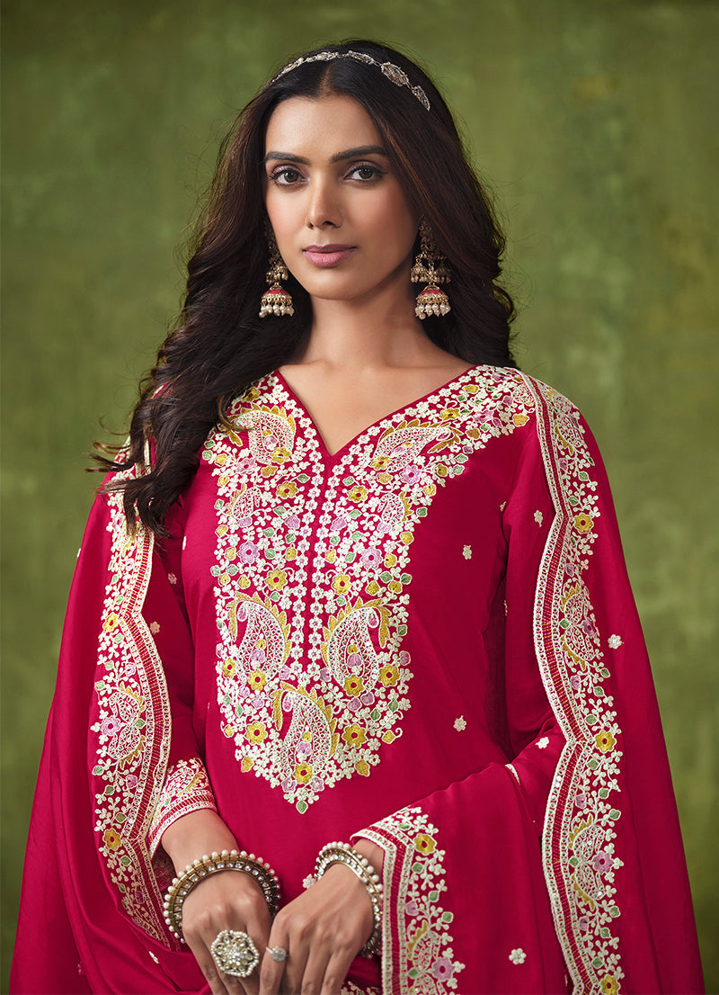 Monjolika Fashion Hot-Pink Color Embroidered Santoon Chanderi Silk Salwar Suit - Distacart