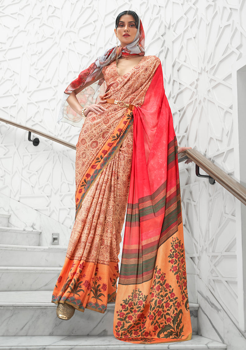 Monjolika Fashion Multi Colour Classic Digital Printed Crepe Silk Saree - Distacart