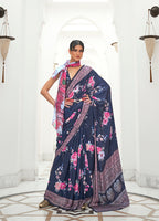 Monjolika Fashion Navy Blue Colour Classic Digital Printed Crepe Silk Saree - Distacart
