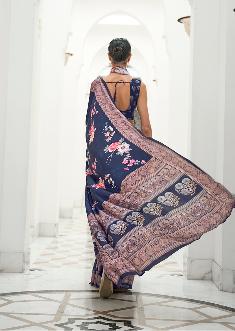 Monjolika Fashion Navy Blue Colour Classic Digital Printed Crepe Silk Saree - Distacart