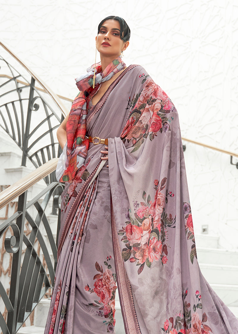 Monjolika Fashion Grey Colour Classic Digital Printed Crepe Silk Saree - Distacart