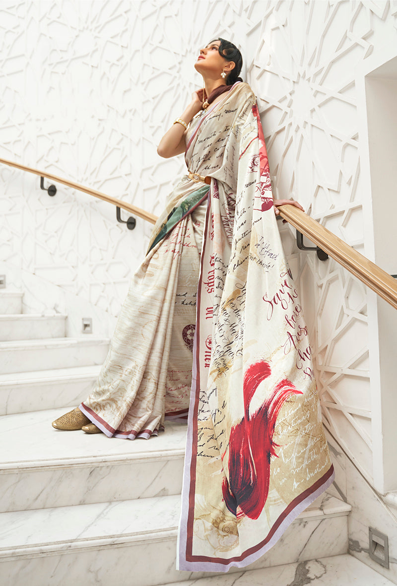 Monjolika Fashion Cream Colour Classic Digital Printed Crepe Silk Saree