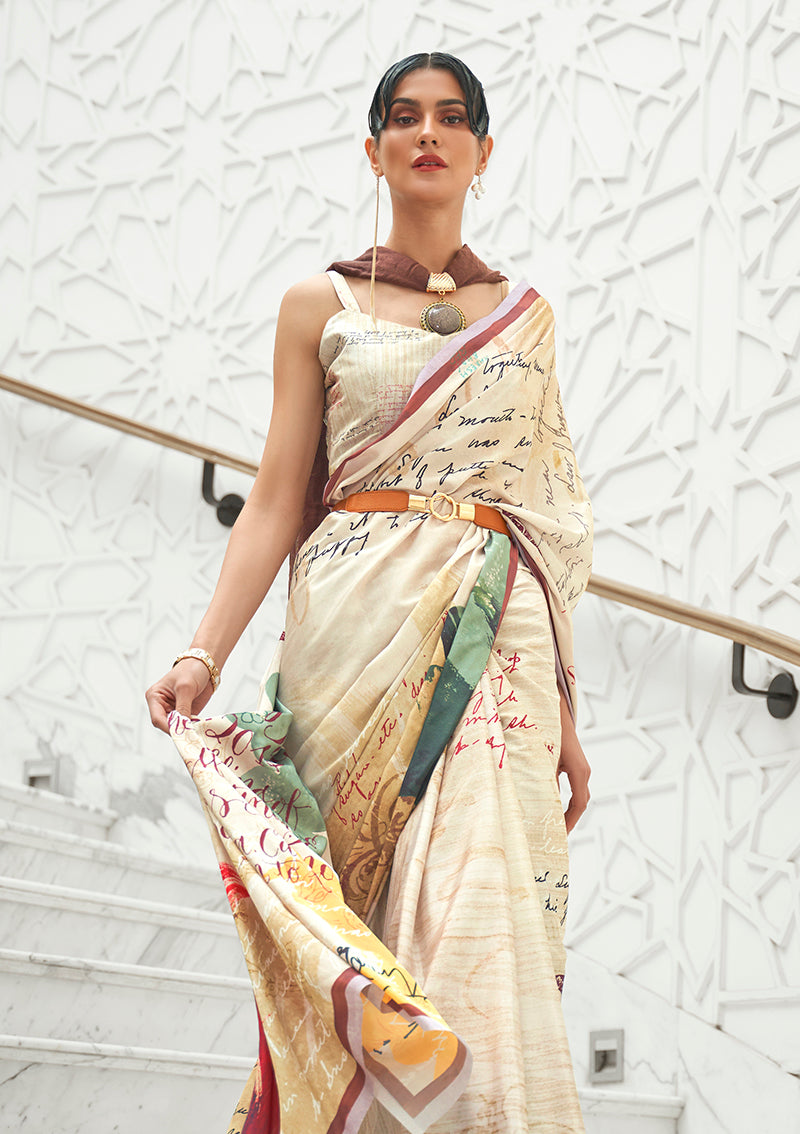 Monjolika Fashion Cream Colour Classic Digital Printed Crepe Silk Saree
