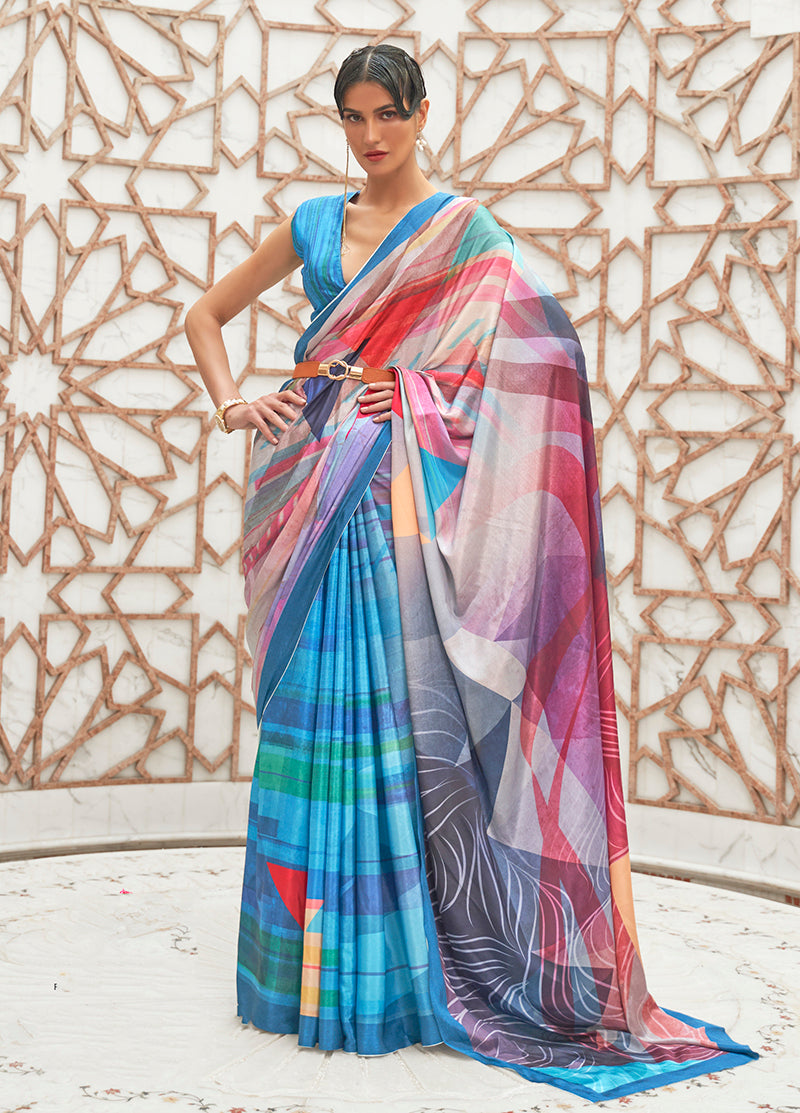 Monjolika Fashion Blue Colour Classic Digital Printed Crepe Silk Saree - Distacart