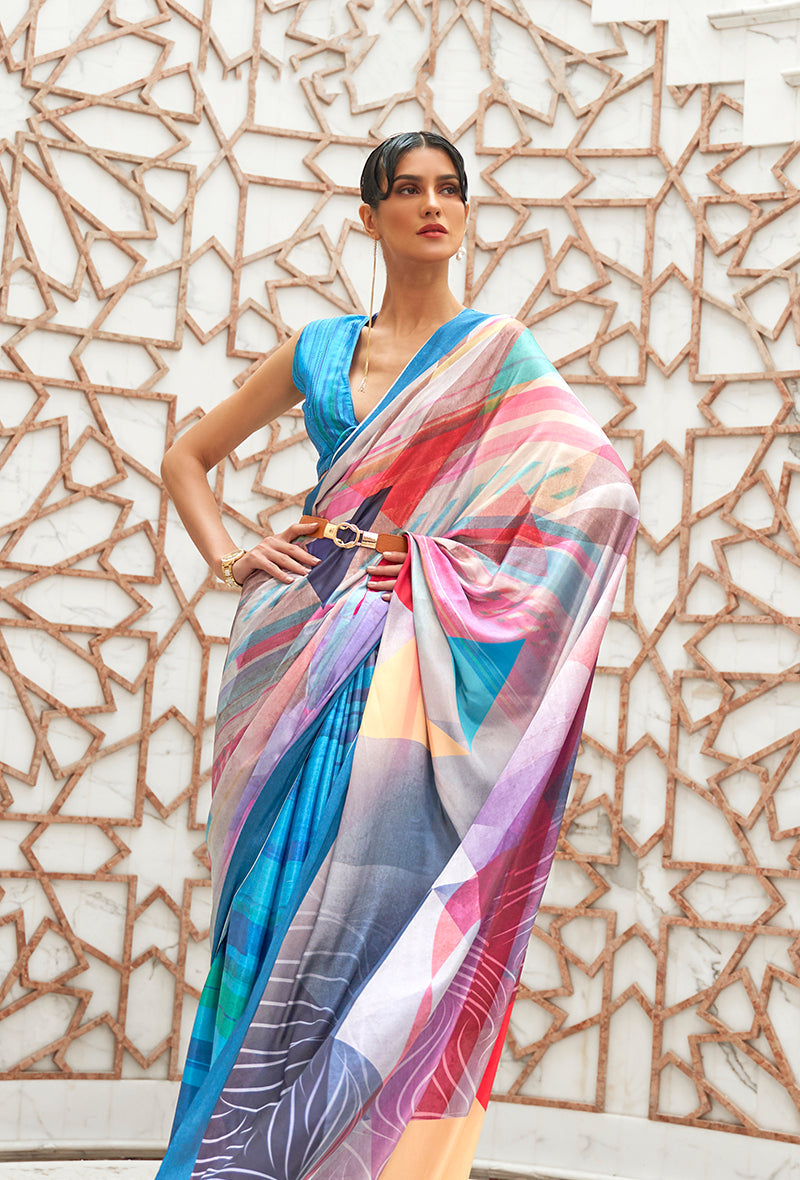 Monjolika Fashion Blue Colour Classic Digital Printed Crepe Silk Saree - Distacart