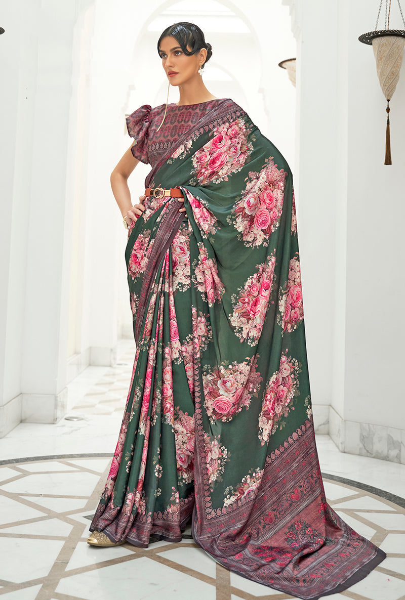 Monjolika Fashion Dark Green Colour Classic Digital Printed Crepe Silk Saree - Distacart