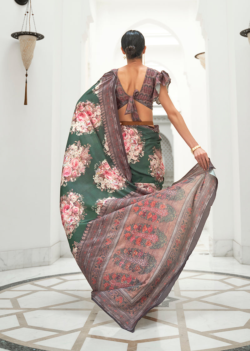 Monjolika Fashion Dark Green Colour Classic Digital Printed Crepe Silk Saree - Distacart