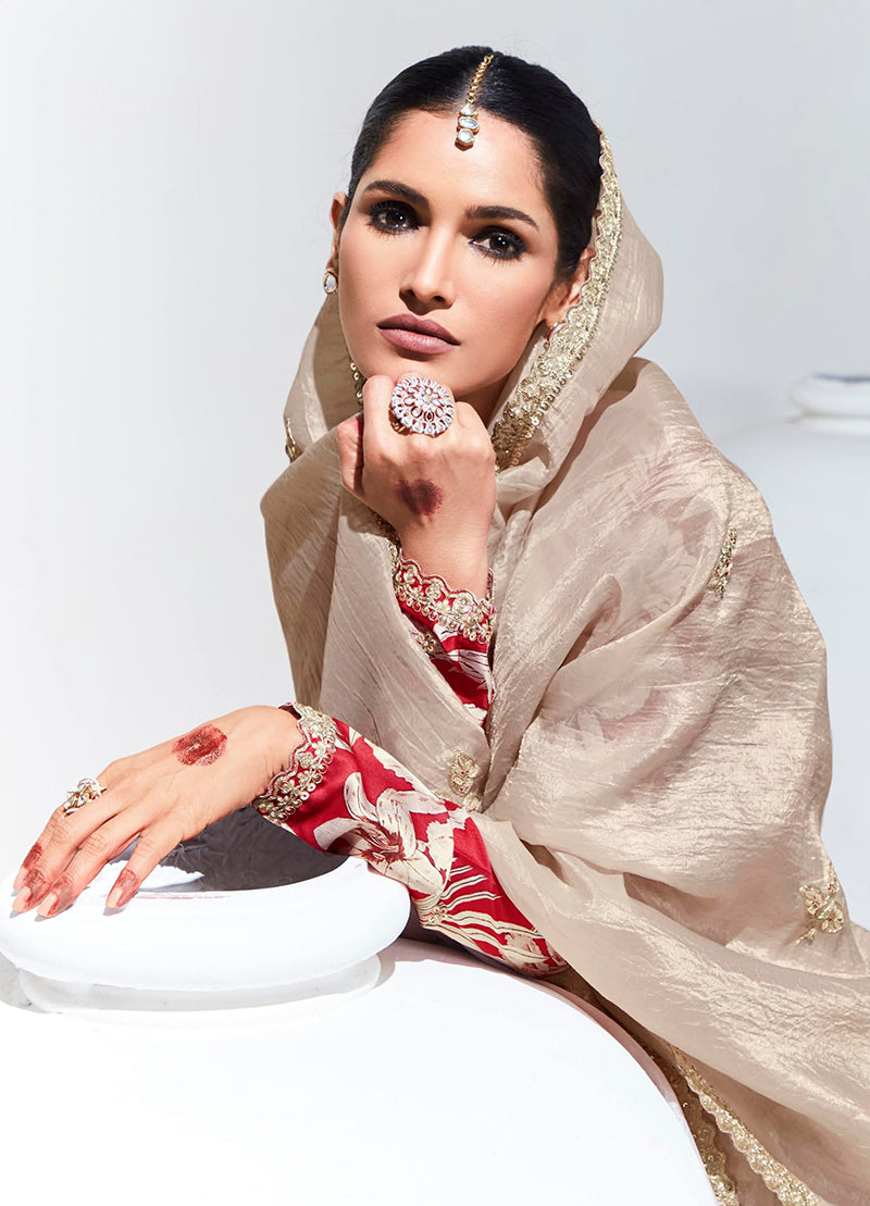 Monjolika Fashion Cream Embroidered Sequence Work Saree For Festival