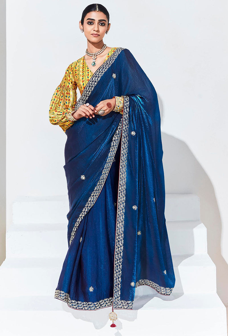 Monjolika Fashion Dark Blue Embroidered Sequence Work Saree For Festival - Distacart
