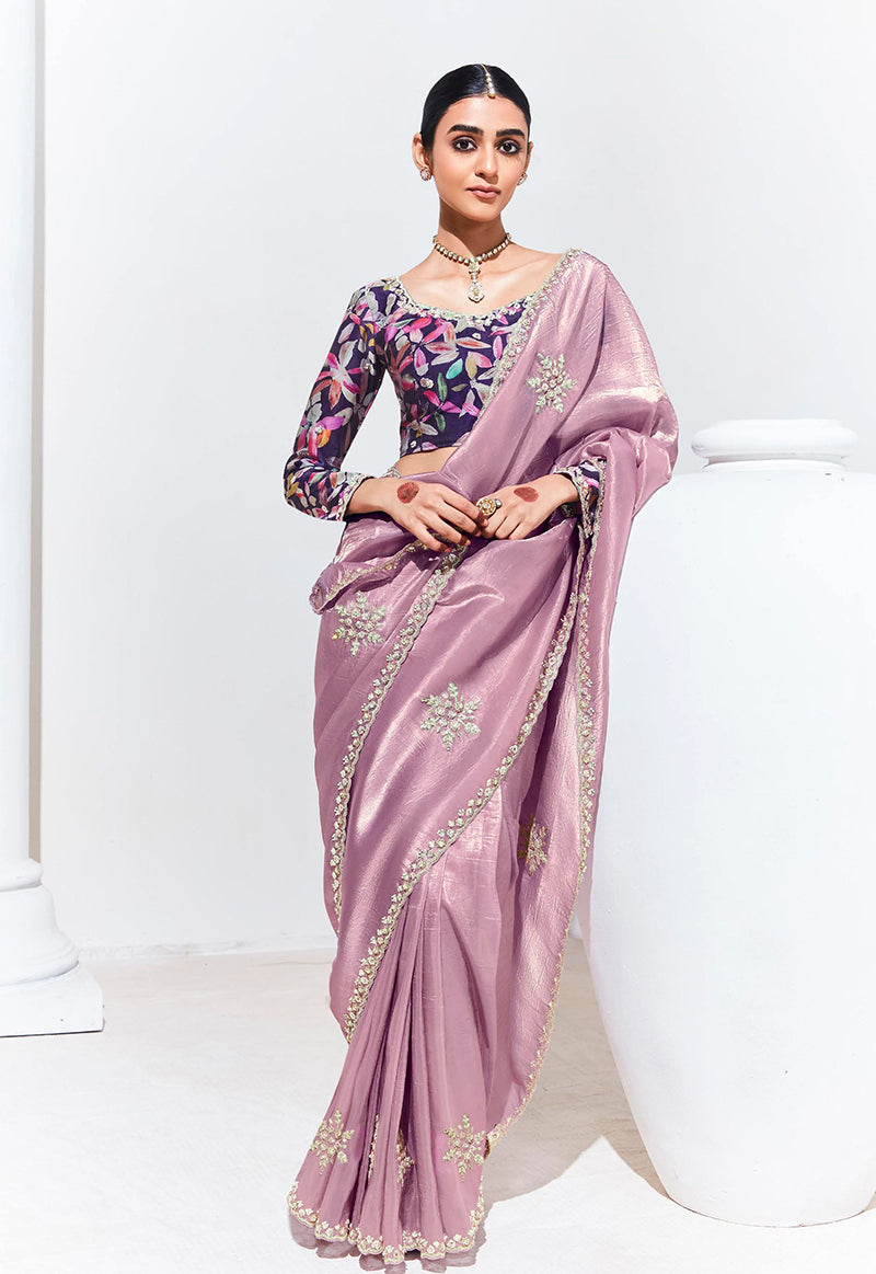 Monjolika Fashion Onion Pink Embroidered Sequence Work Saree For Festival