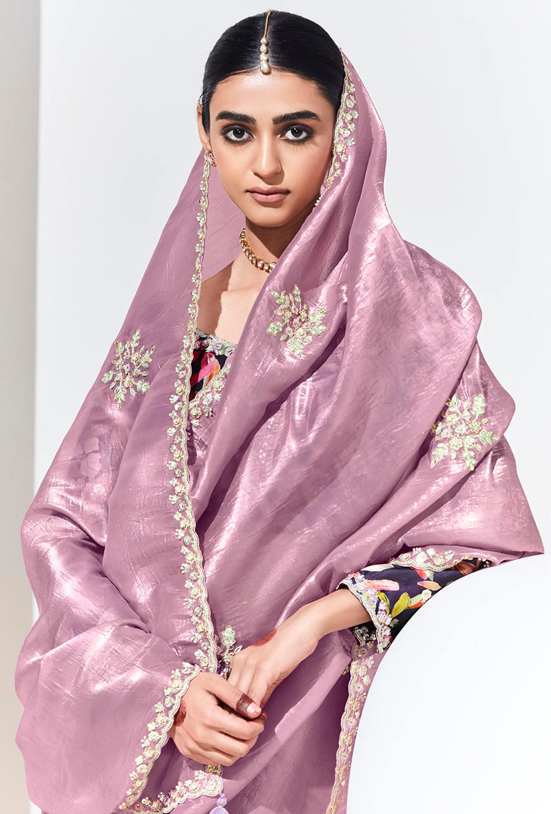 Monjolika Fashion Onion Pink Embroidered Sequence Work Saree For Festival