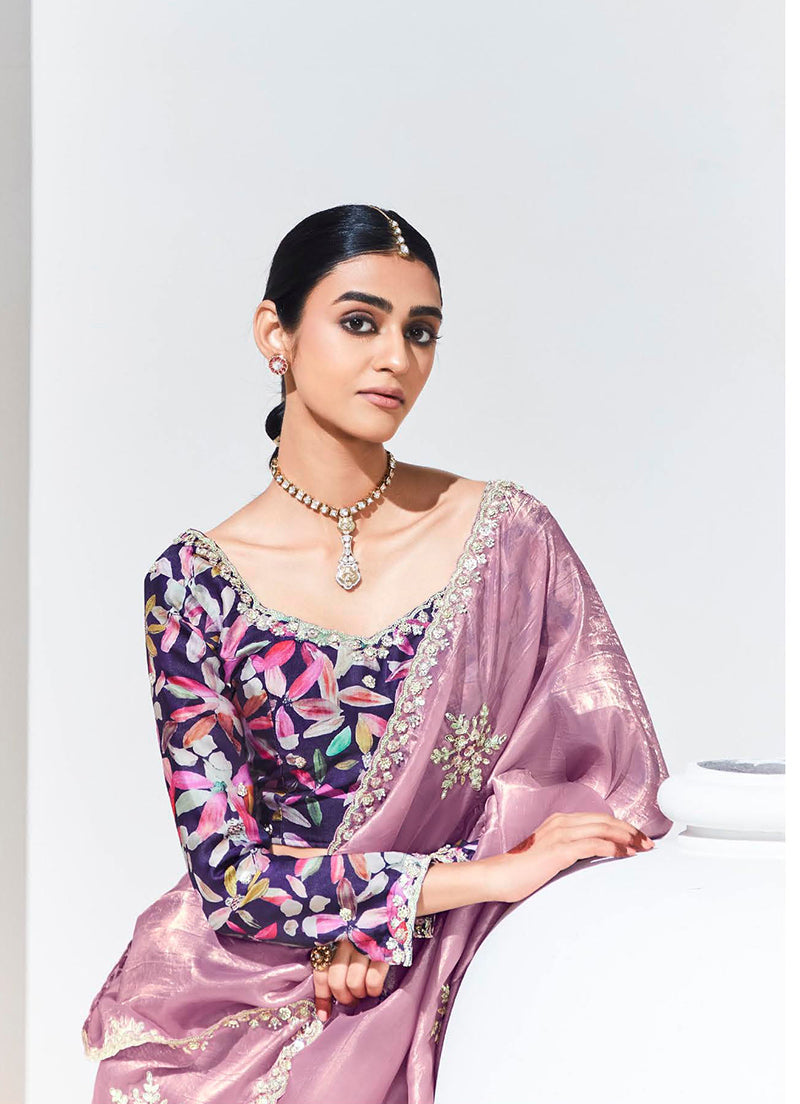 Monjolika Fashion Onion Pink Embroidered Sequence Work Saree For Festival
