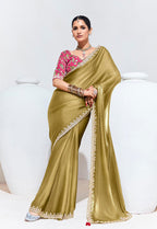 Monjolika Fashion Olive Embroidered Sequence Work Saree For Festival