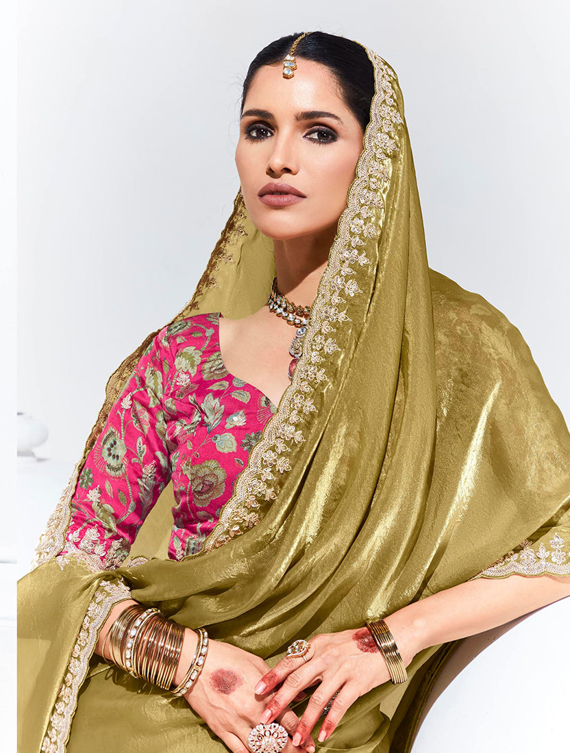 Monjolika Fashion Olive Embroidered Sequence Work Saree For Festival