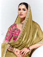 Monjolika Fashion Olive Embroidered Sequence Work Saree For Festival