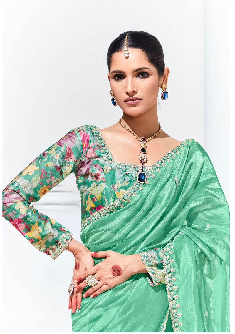Monjolika Fashion Light Cyan Embroidered Sequence Work Saree For Festival - Distacart