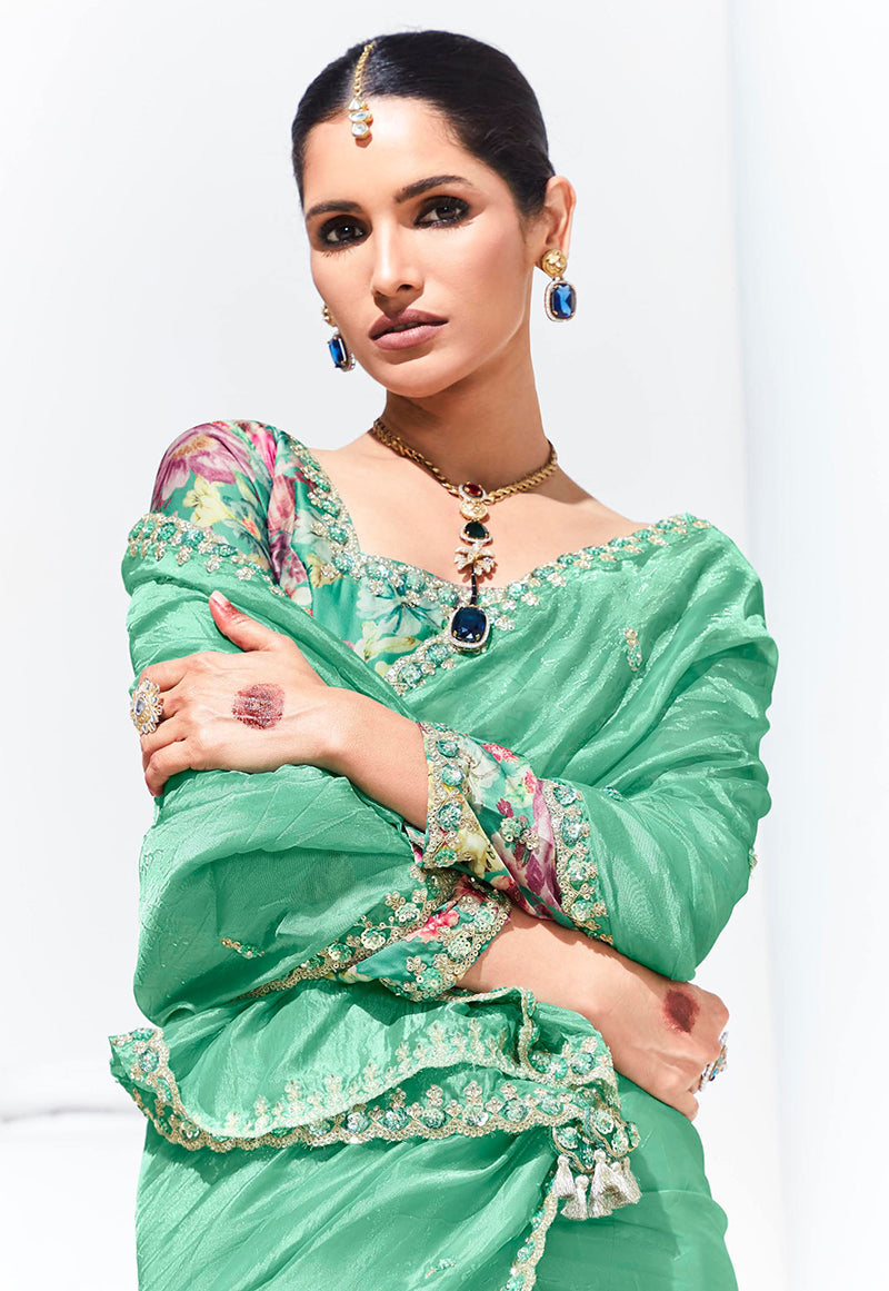 Monjolika Fashion Light Cyan Embroidered Sequence Work Saree For Festival - Distacart