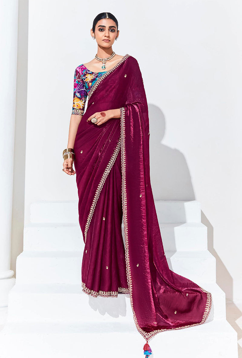Monjolika Fashion Plum Embroidered Sequence Work Saree For Festival