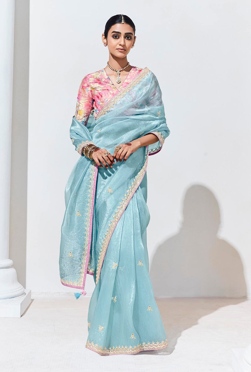 Monjolika Fashion Sky Blue Embroidered Sequence Work Saree For Festival