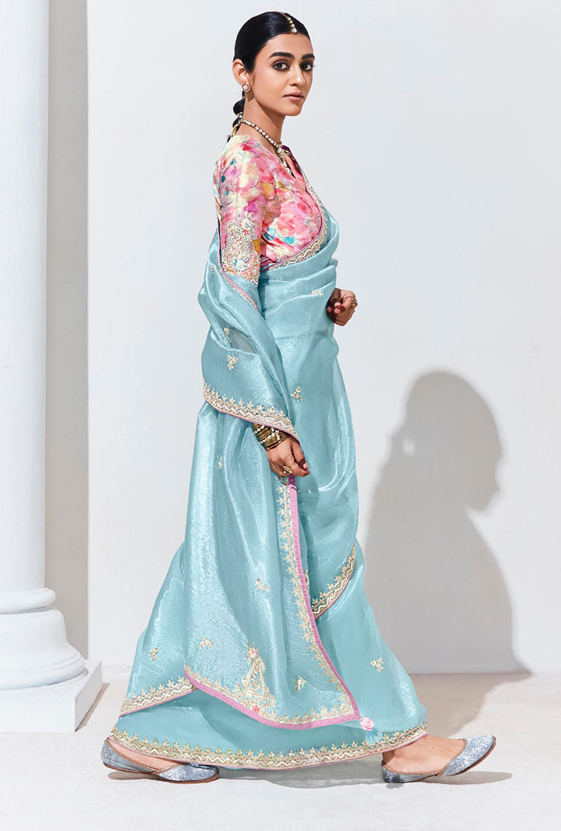 Monjolika Fashion Sky Blue Embroidered Sequence Work Saree For Festival