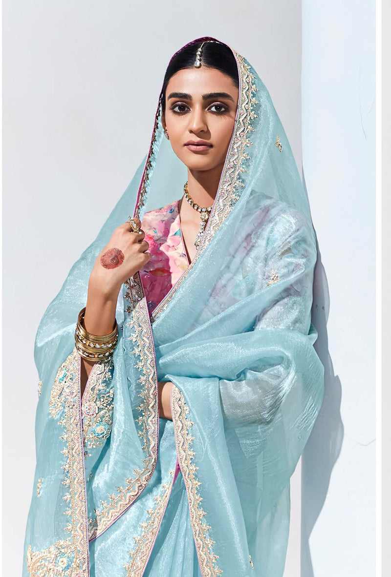 Monjolika Fashion Sky Blue Embroidered Sequence Work Saree For Festival