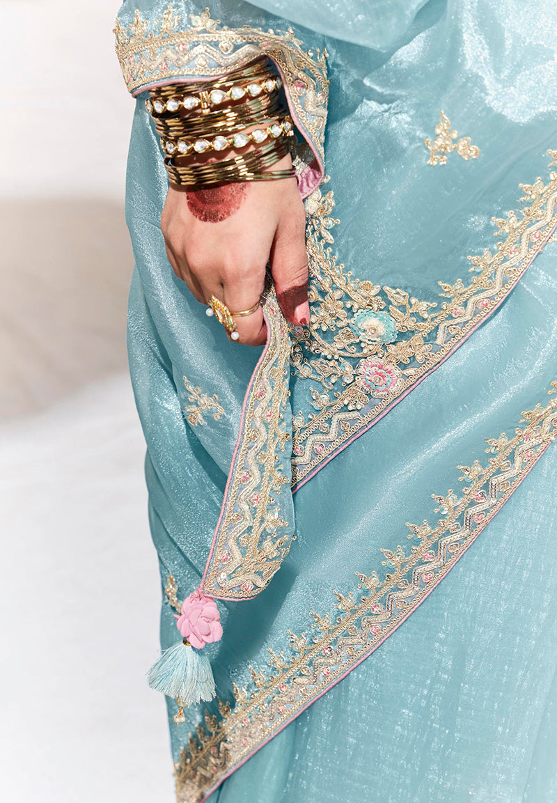 Monjolika Fashion Sky Blue Embroidered Sequence Work Saree For Festival