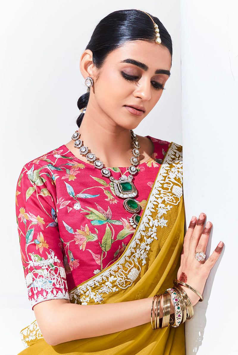Monjolika Fashion Mustard Embroidered Sequence Work Saree For Festival