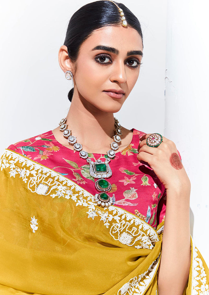 Monjolika Fashion Mustard Embroidered Sequence Work Saree For Festival