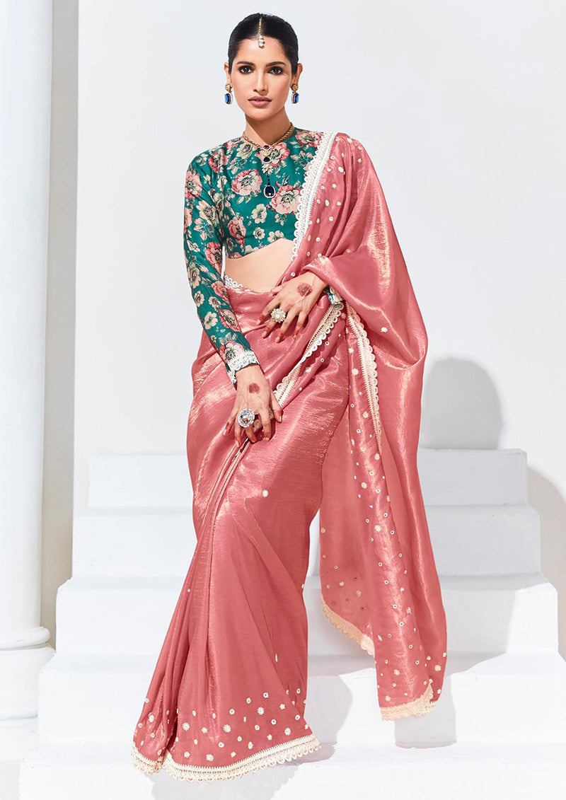 Monjolika Fashion Peach Embroidered Sequence Work Saree For Festival - Distacart