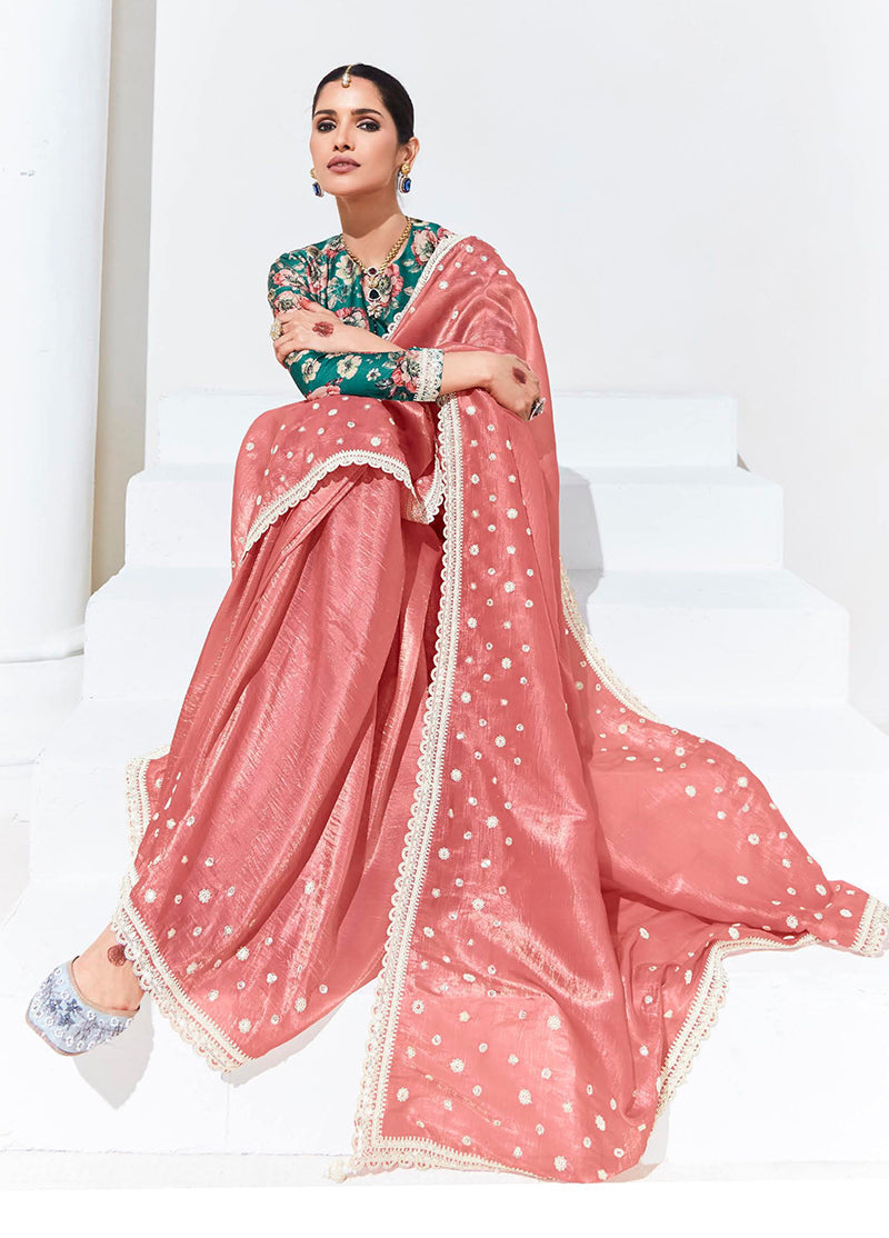 Monjolika Fashion Peach Embroidered Sequence Work Saree For Festival - Distacart