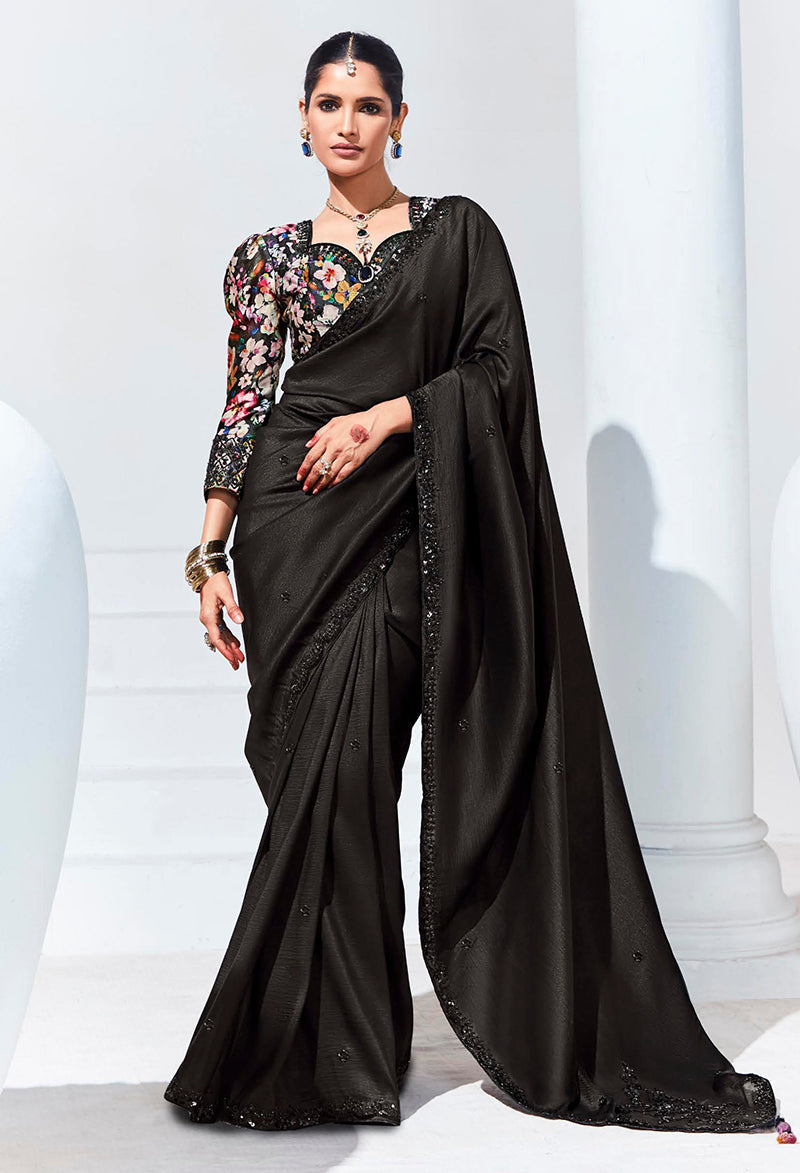 Monjolika Fashion Black Embroidered Sequence Work Saree For Festival