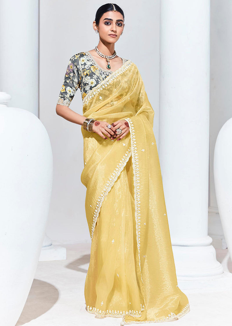 Monjolika Fashion Light Yellow Embroidered Sequence Work Saree For Festival - Distacart