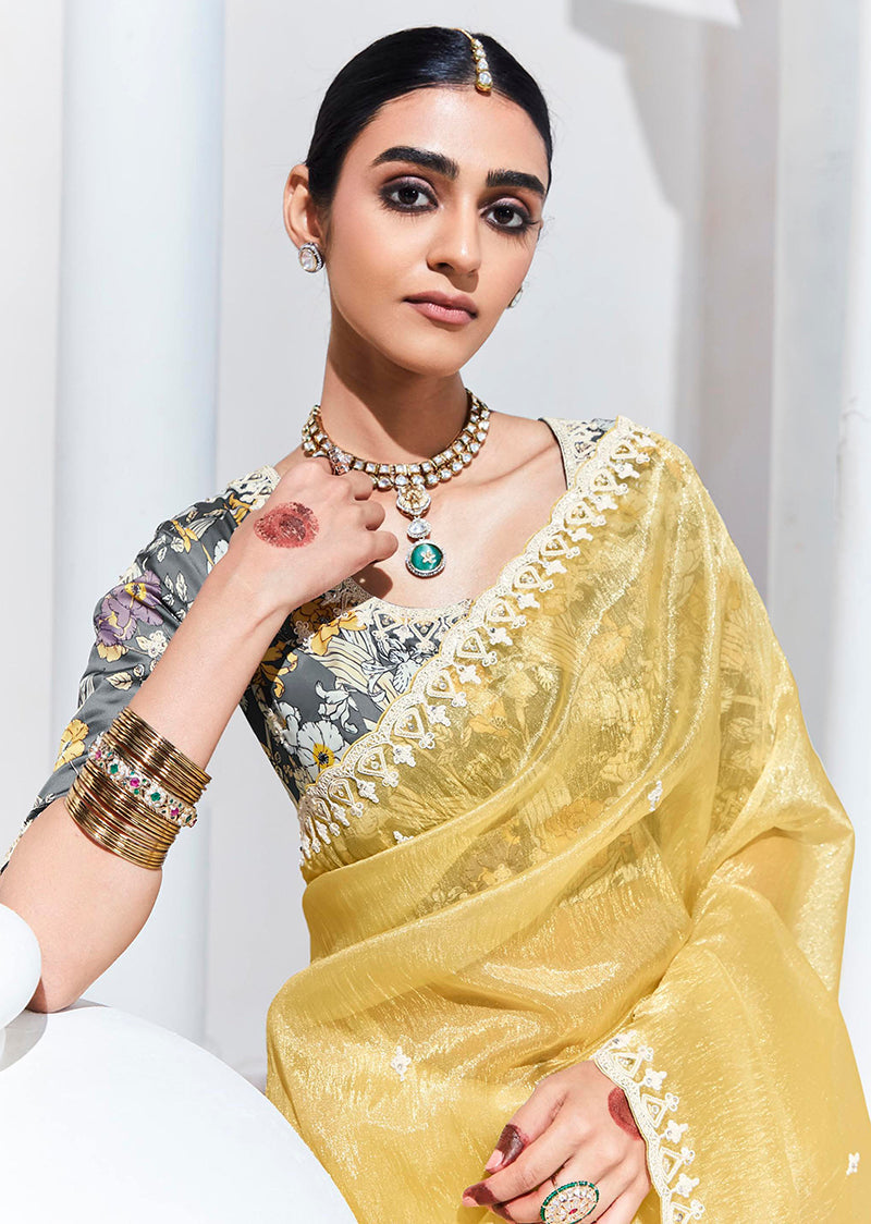 Monjolika Fashion Light Yellow Embroidered Sequence Work Saree For Festival - Distacart