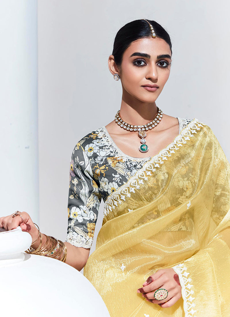 Monjolika Fashion Light Yellow Embroidered Sequence Work Saree For Festival - Distacart