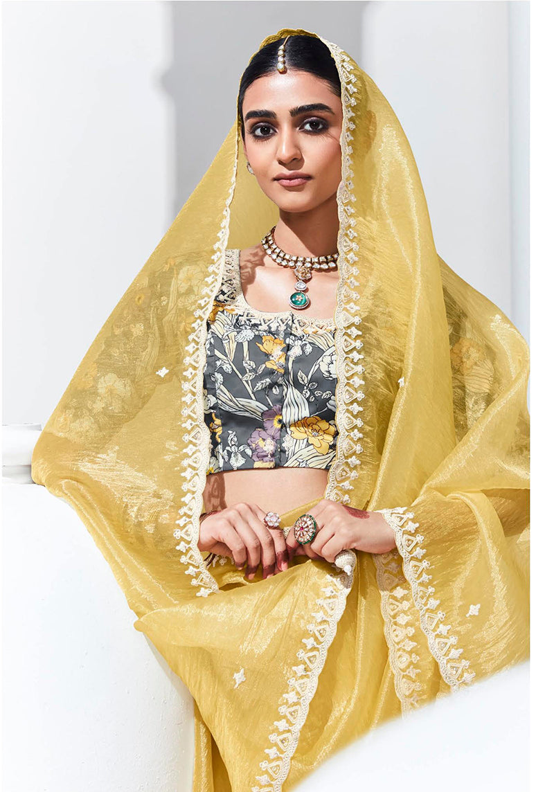 Monjolika Fashion Light Yellow Embroidered Sequence Work Saree For Festival - Distacart