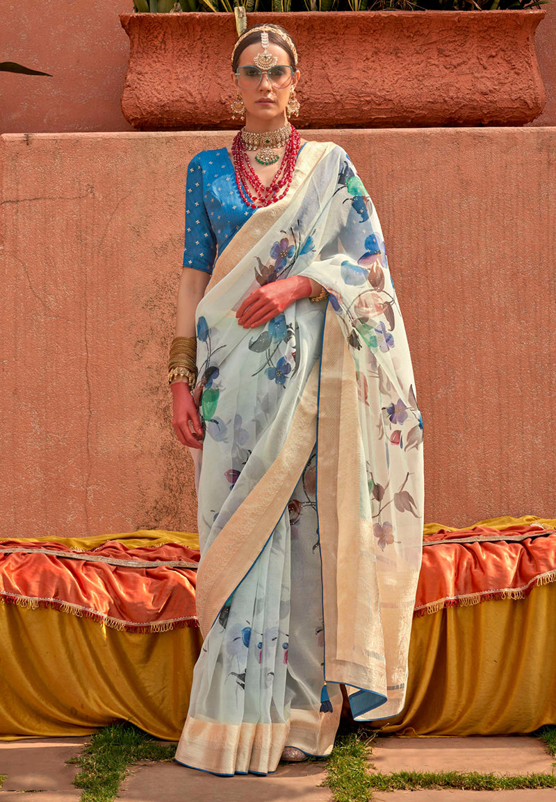 Monjolika Fashion Organza Printed Aqua Blue Contemporary Saree - Distacart