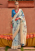 Monjolika Fashion Organza Printed Aqua Blue Contemporary Saree - Distacart