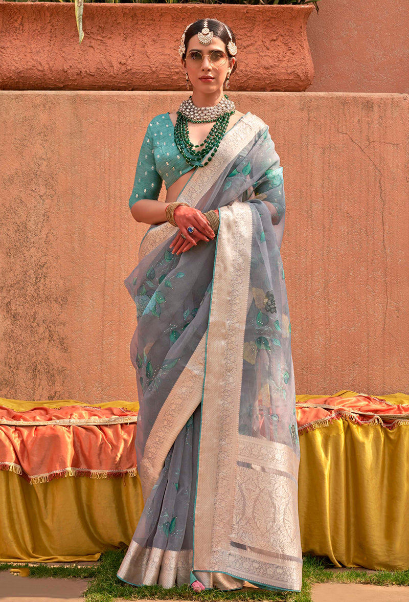 Monjolika Fashion Organza Printed Blue Contemporary Saree - Distacart