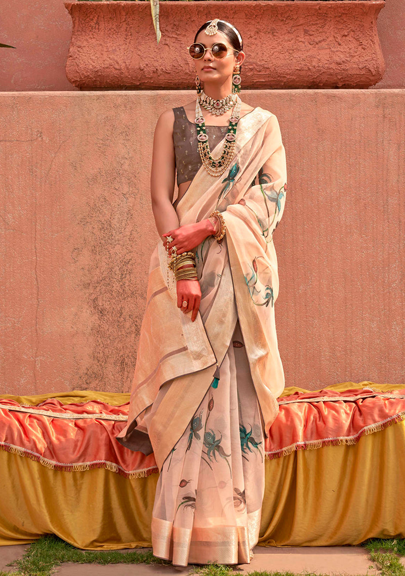 Monjolika Fashion Organza Printed Cream Contemporary Saree - Distacart