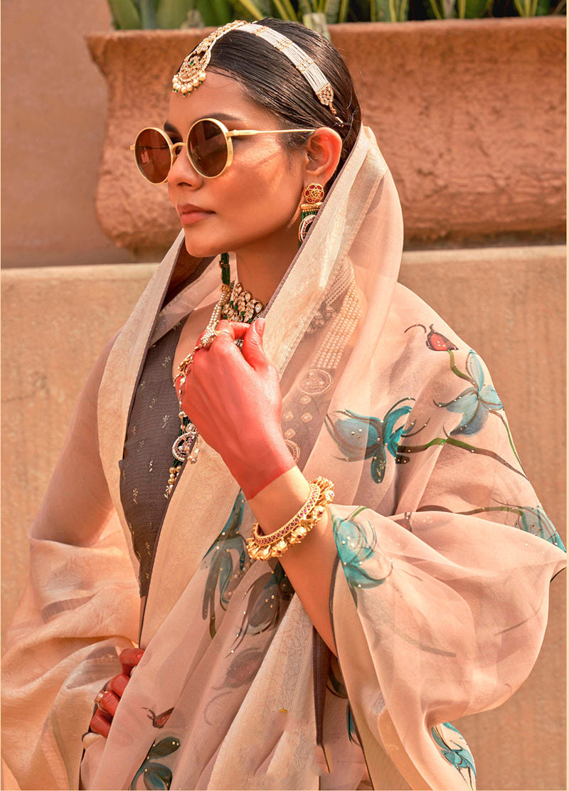 Monjolika Fashion Organza Printed Cream Contemporary Saree - Distacart