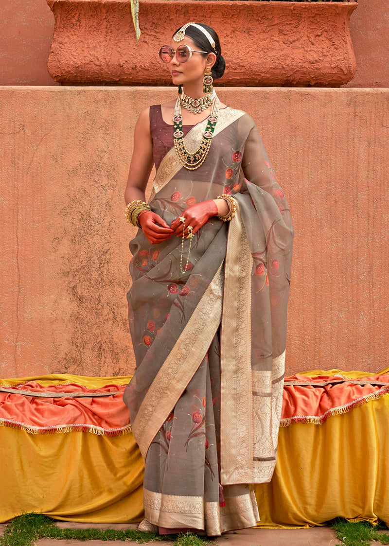 Monjolika Fashion Organza Printed Grey Contemporary Saree - Distacart