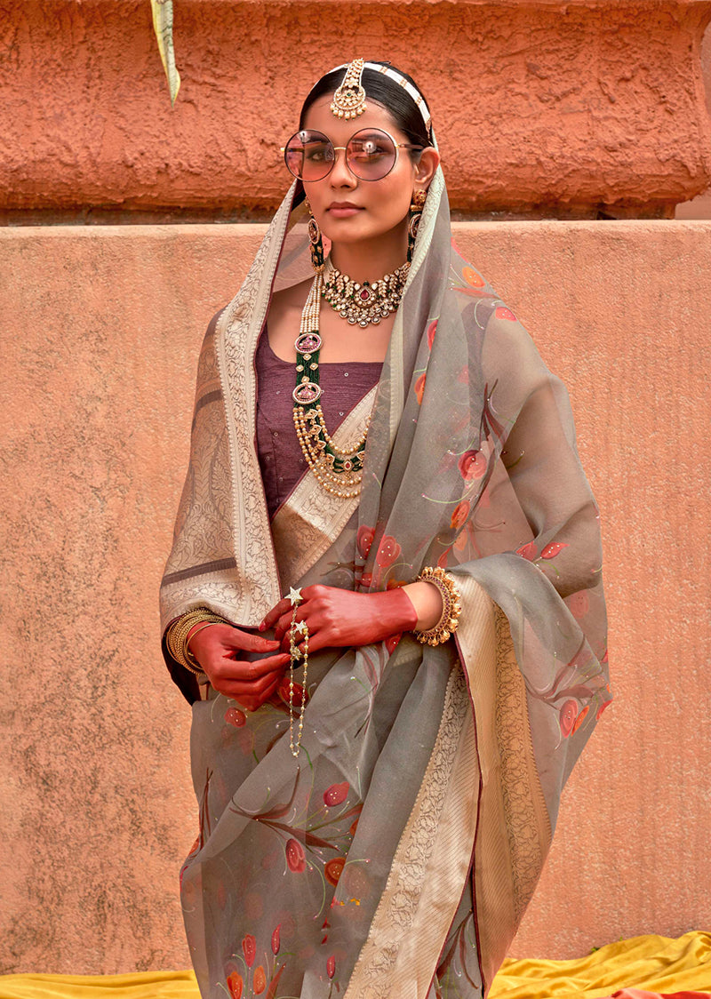 Monjolika Fashion Organza Printed Grey Contemporary Saree - Distacart