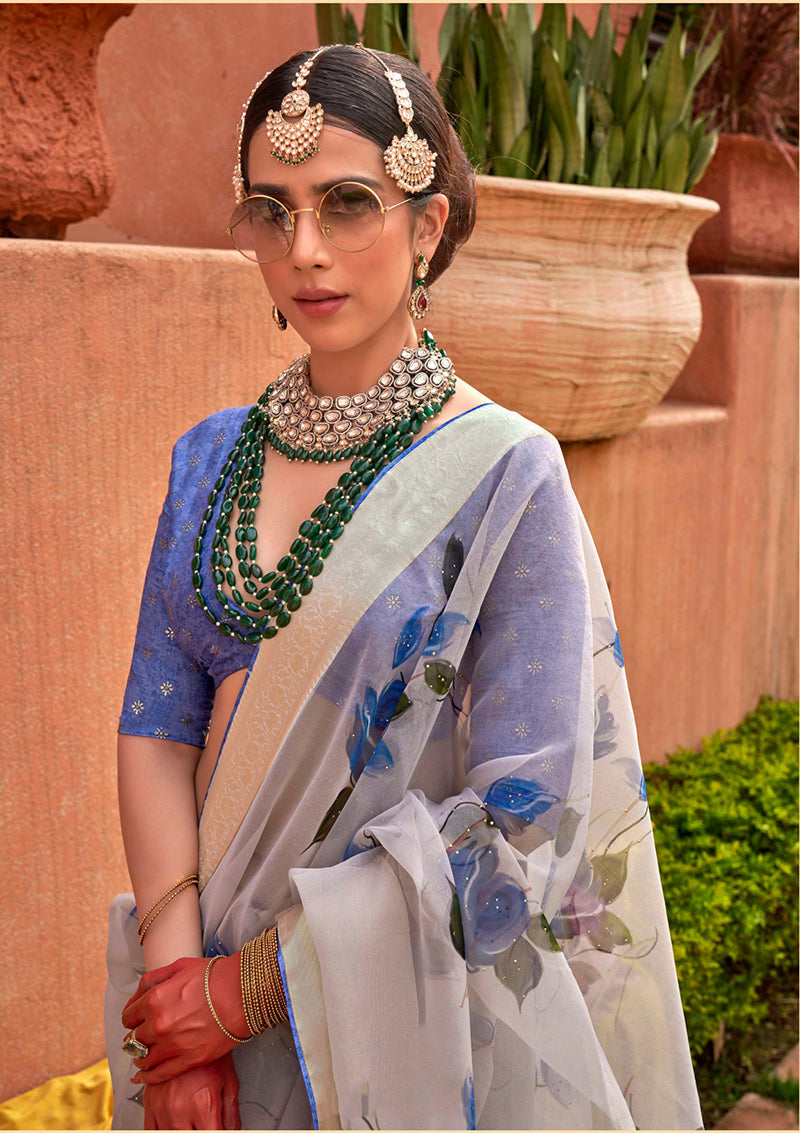 Monjolika Fashion Organza Printed Aqua Blue Contemporary Saree - Distacart