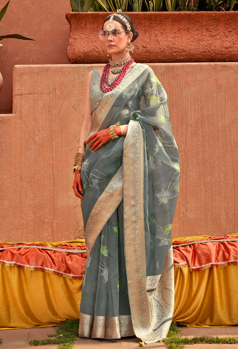 Monjolika Fashion Organza Printed Sea Green Contemporary Saree - Distacart