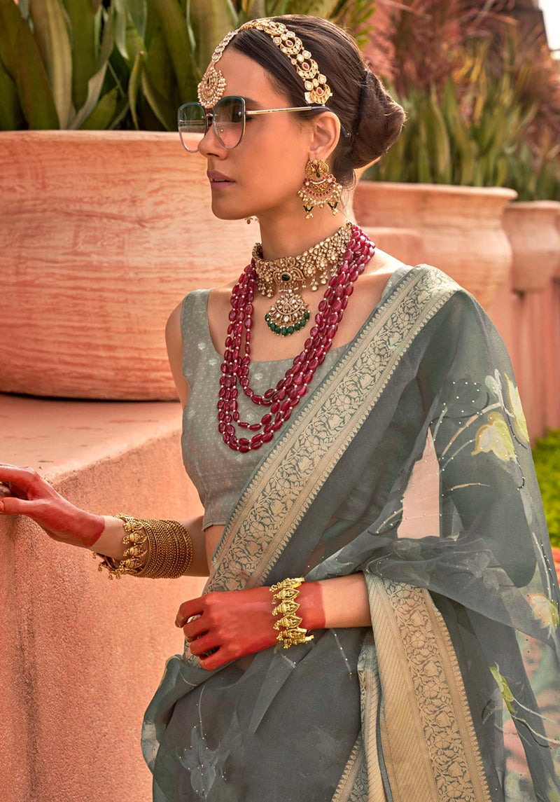 Monjolika Fashion Organza Printed Sea Green Contemporary Saree - Distacart